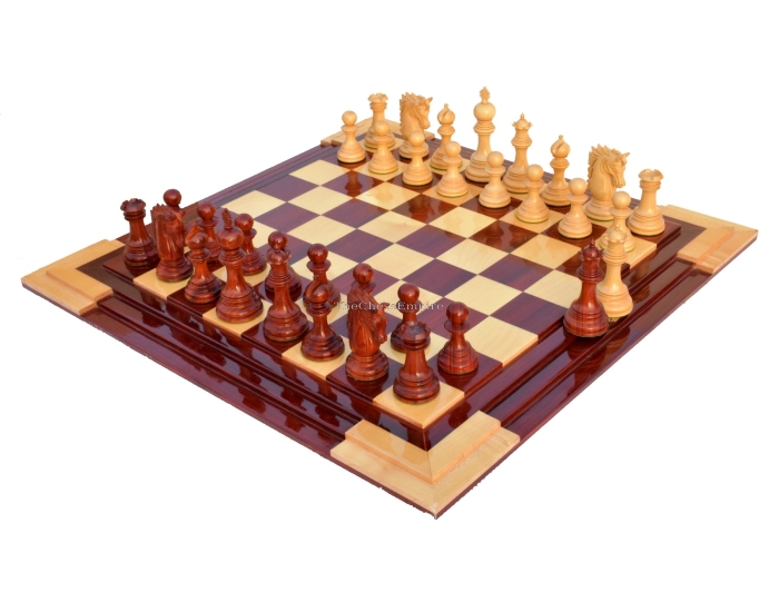 Victoria Castle Series Chess Set <br> Boxwood & Maple <br> 4.4" King with 2.25" Square Emperor Series Chess Board