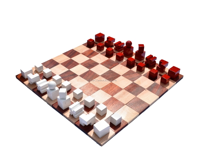 1923 Bauhaus Series Chess set <br> Ivory White & Red Lacquered <br> 2" King with Rolling chess Board