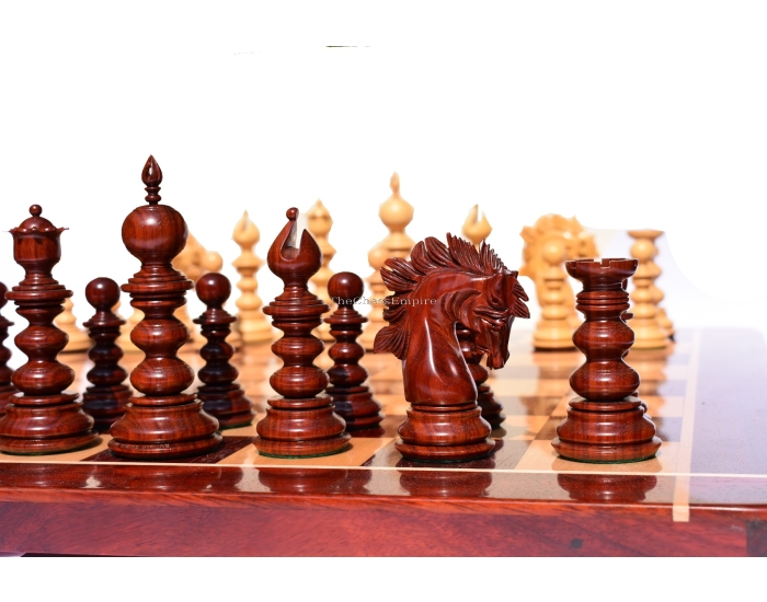 Designer Savano Series Chess set <br> Boxwood & Padauk <br> 4.4" King with 2" Square chess board