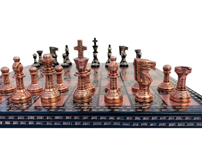 Ancient Art Series Brass chess set <br> Copper color & Black Color Coated <br> 3.5" King with 14" chess board 