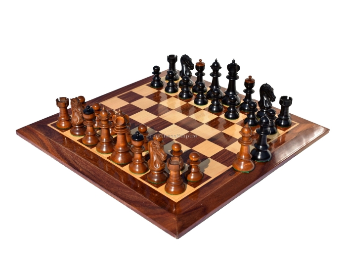Austrian Coffee House Chess Set <br> Antiqued Boxwood & Ebonized <br> 4" King with 2" Square Chess Board