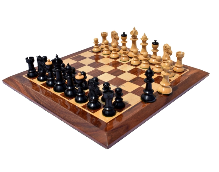 Austrian Coffee House Chess Set <br> Boxwood & Ebonized <br> 4" King with 2" Square Chess Board