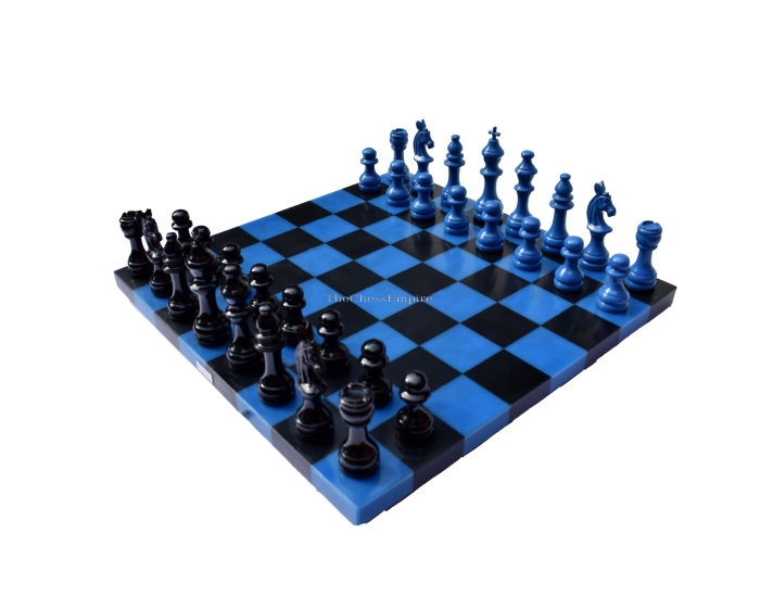 The Barcelona Series Aluminum Chess set <br> Turquoise blue & Black coated <br> 4.25" King with 16" resin chess board
