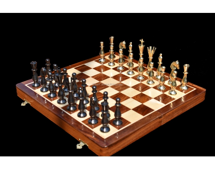 Majestic Series Chess set <br> Natural Brass & Antiqued Brass <br> 3.5" King with 14" Folding Chess Board