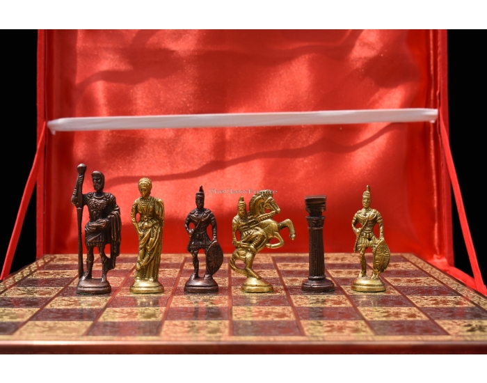Roman Art Series Chess Set <br> Solid Natural Brass & Copper Color Brass <br> 3.25" King with Chess Board & chess storage