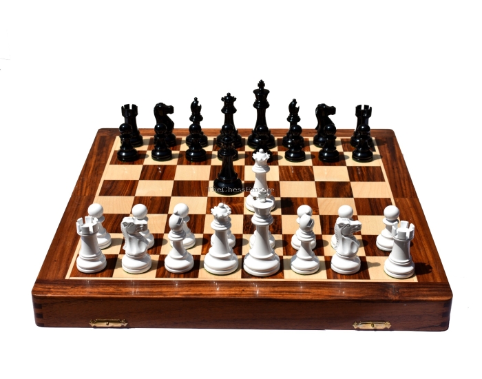 The British Staunton <br> White & Black Lacquer <br> 4" King with 18" chess board