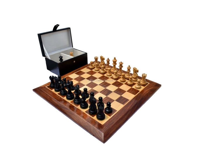 British Series Chess set <br> Boxwood & Ebonized <br> 3.25" King with 1.75" square chess Board & chess storage box 