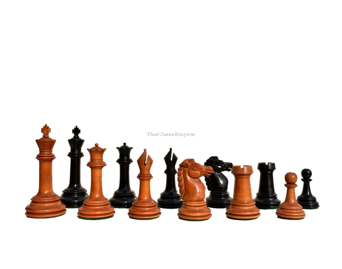 1890- Royal Staunton chess Pieces BCC reproduction <br> Antiqued Boxwood & Ebony <br> 4.4" King