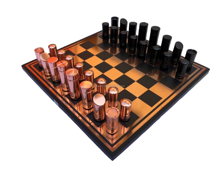 Classical Art Series chess set <br> Rose-gold & Black Coated Alluminum <br> 13" x 13" with 2.5" Chess Pieces 