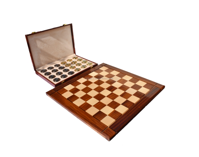 The Collector Series Solid brass checkers set <br> Natural Brass and Black coated brass <br> 1.75" diameter with 2" square chess board and storage box