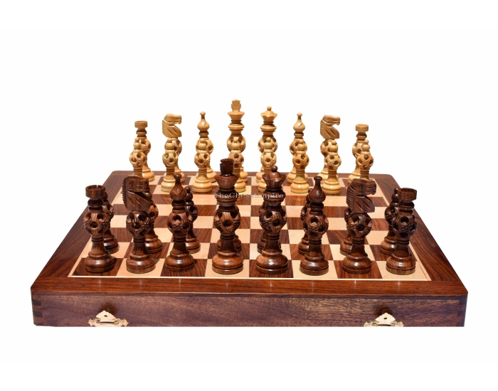 The Concentric Ball series chess set <br> Boxwood & Sheesham <br> 5" King with 18" Chess Board