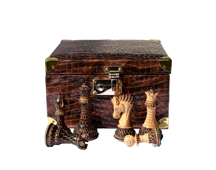 Crocodile brown leatherette chess pieces storage box for 3.75" King to 4.5" King 