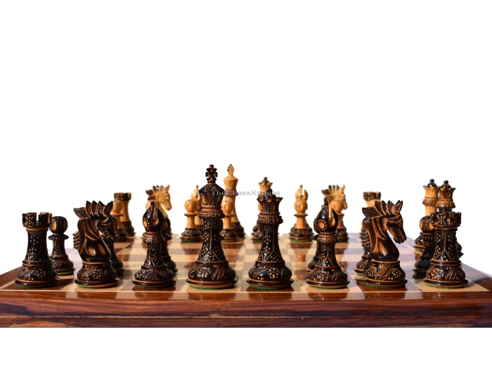 Designer Staunton luxury high glossy finish chess set <br> Burnt Boxwood <br> 4" King with 2" square chess board