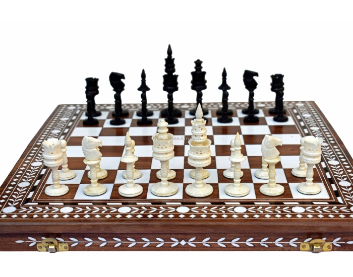 The Lotus Flower Series complete chess set <br> Natural Bone & Stained Bone crafted <br> 4" King with 16" Chess Board