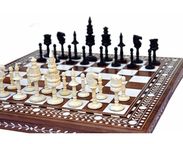 Lotus Flower Series Chess Pieces <br> Natural Bone & Stained Bone Crafted <br> 4" King 