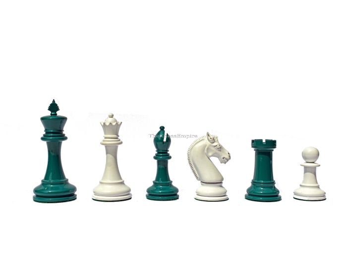 Queens Gambit Series II chess pieces <br> White & Green Lacquer <br> 4" King