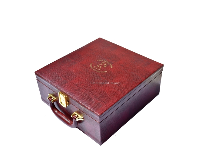 The Royal Series Burgundy Leatherette chess pieces storage box for 3.75" to 4" King size chess set pieces 