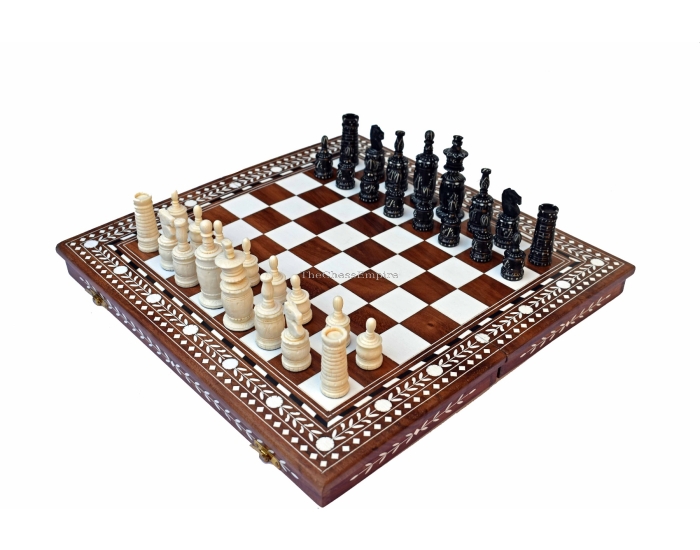 The Barleycorn Series Complete chess set <br> Natural Bone & Black Stained Bone crafted <br> 4" King with Chess Board 