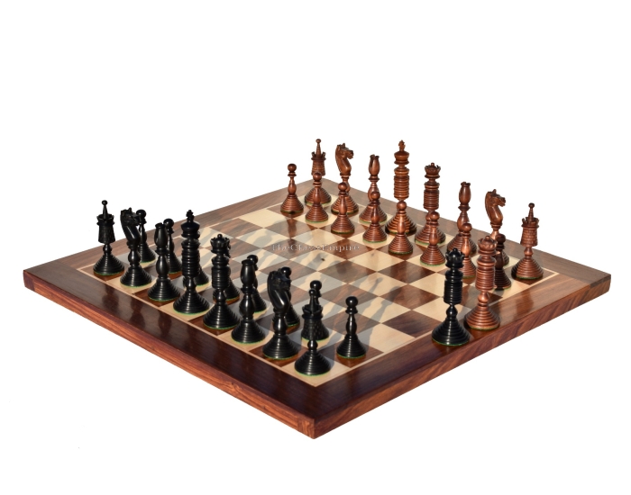 English Pre-Staunton chess set reproduction <br> Antique Boxwood & Ebony <br> 4.625" King with 2" Square Chess Board
