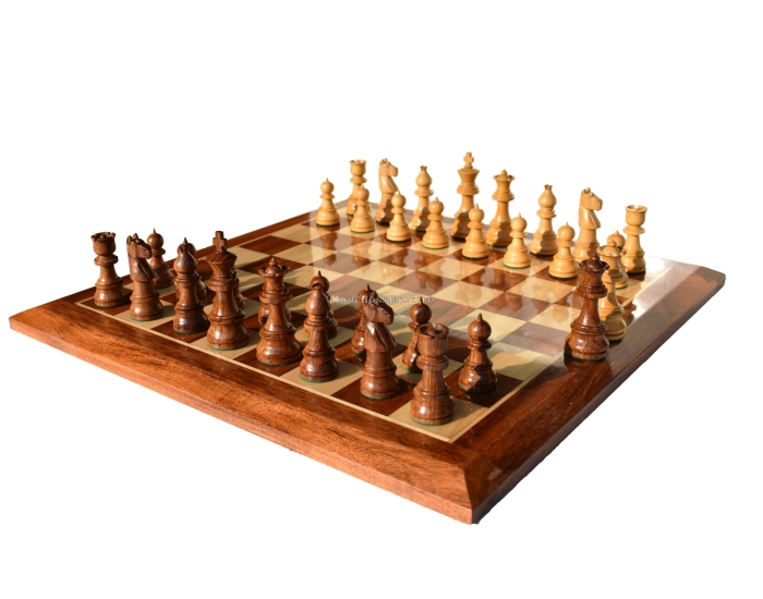The Opus Series Chess Set <br> Boxwood & Acacia Wood <br> 3.75" King with 1.75" Square beveled Series Chess Board
