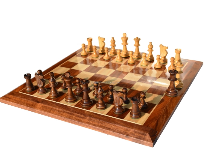 Lardy Staunton Chess set <br> Boxwood & Dark Brown Glided <br> 3.5" King with 1.75" Square Beveled Series Chess Board