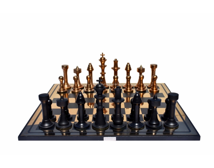 The New York Tower Series Aluminum Chess set <br> Cooper Coated & Black Coated Aluminum chess <br> 4.75" King with 16" chess board