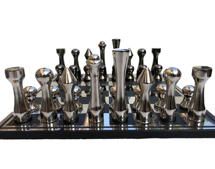 The New Contemporary Series Chess Set <br> Silver & Black Coated Aluminum <br> 4" King with 14" Aluminum Chess Board