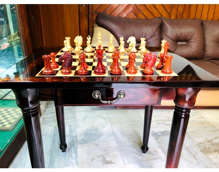 The Victoria Series Luxury Chess Table & Master Series Chess Pieces <br> American Maple & Golden Grain Rosewood <br> 2.5" Square