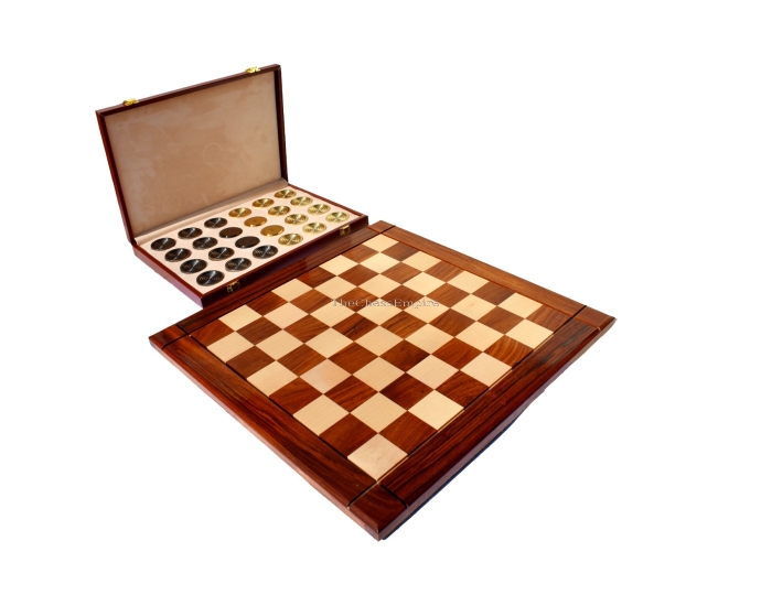 The Executive Solid Brass Checkers Set <br> Natural Brass & Black coated Brass <br> 1.75" diameter with 2" Square chess board and storage case 