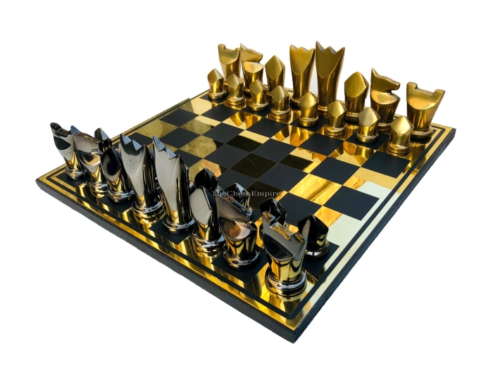 Egyptian Art Series Chess Set <br> Black & Gold Color Coated Aluminum <br> 3.25" King with 14" Aluminum Chess Board