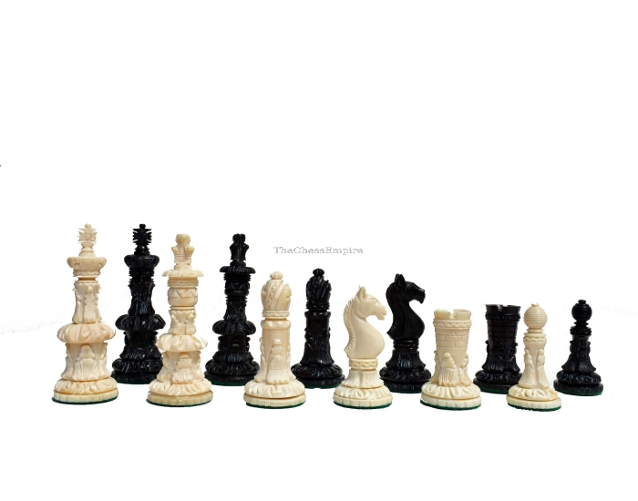 Indian Maharaja Heritage Bone Chess Pieces <br> Natural Bone & Black Stained Bone <br> 3.9" King