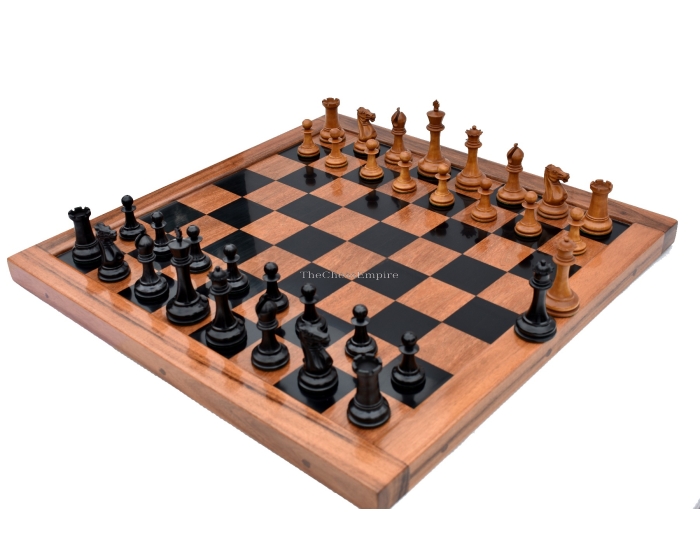 1853 Jaques Paulsen Series Reproduction Chess Set <br> Antiqued Boxwood & Ebony <br> 3.5" King with 2" Square Jaques Chess Board