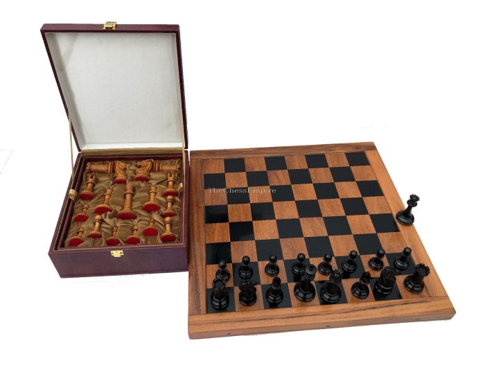 Jaques Morphy Style Cook Knight 1849 series chess set <br> Antiqued Boxwood & Ebony <br> 4" King/ 2.25" Square Jaques Chess Board & Storage Case