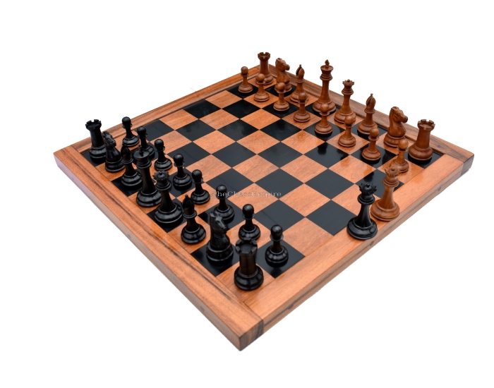 Jaques Morphy Style 1849 Cook Knight Chess Set <br> Antiqued Boxwood & Ebony <br> 4" King with 2.25" Square Jaques Chess Boards