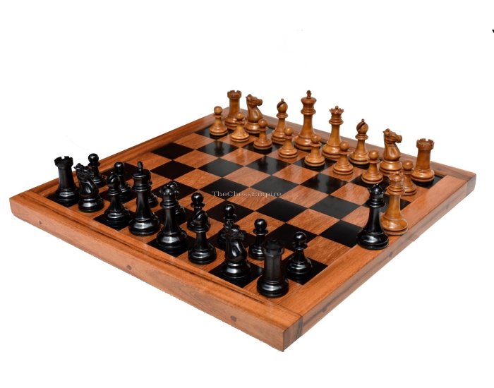 1875-1880 Jaques Zukertort Chess Set <br> Antiqued Boxwood & Ebony <br> 4" King with 2.25" Square Jaques Chess Board
