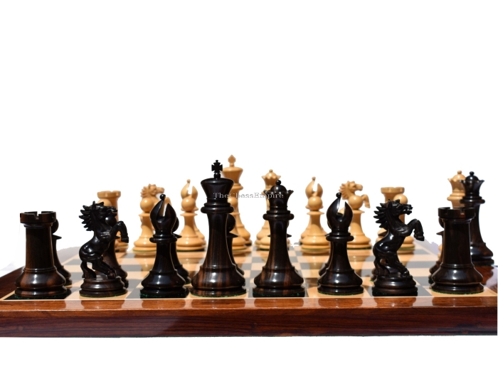 Special Edition Kohinoor Series Chess Set <br> Boxwood & Golden Grain Stripped Ebony <br> 5" King with 2.5" Square Chess Board
