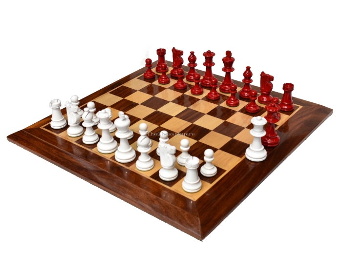 Lardy Staunton Chess Set <br> Ivory White & Red Lacquered <br> 3.5" King with 1.75" Square beveled Chess Board