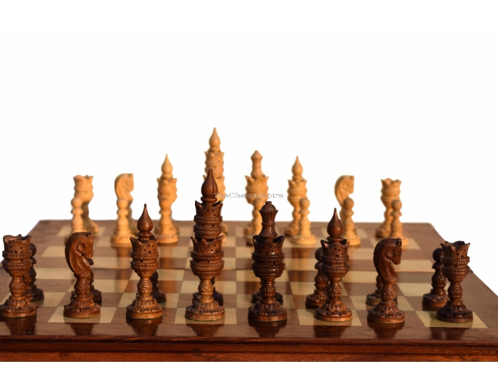 The Lotus Flower Carved Chess set <br> Boxwood & Sheesham <br> 4" King with 16" Folding chess board