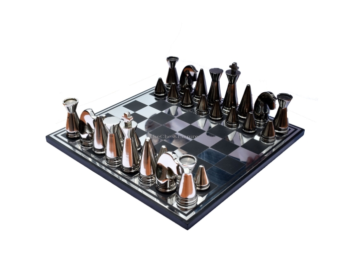 Art Beauty Chess Set <br> Silver & Black Coated Solid Aluminum <br> 4" King with 14" Chess board