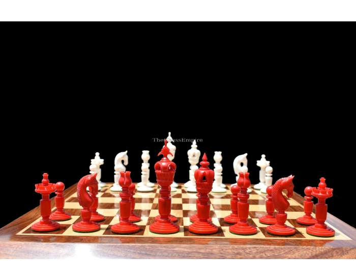 Ancient Art Bone Crafted Chess Pieces <br> Natural Bone & Red Gilded Bone <br> 4" King