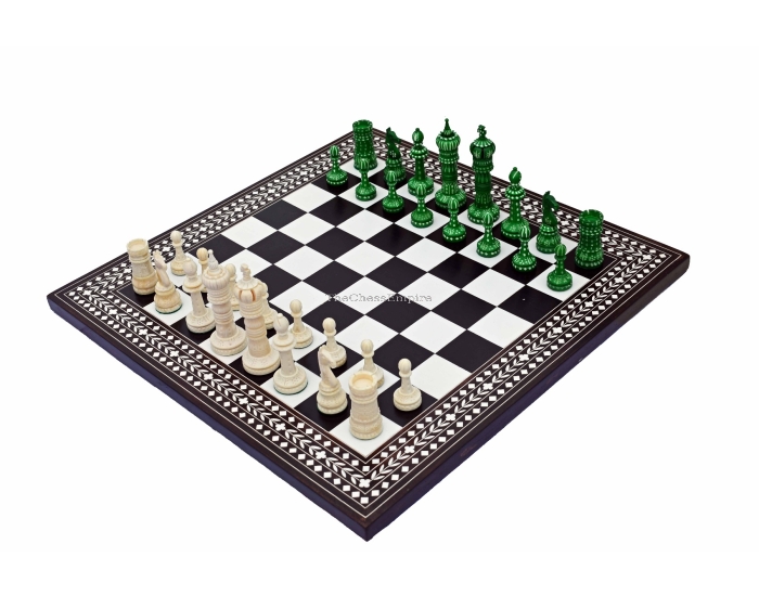 The King cross series Bone crafted chess set <br> Natural Bone & Green Stained Bone <br> 4" King with 18" chess board