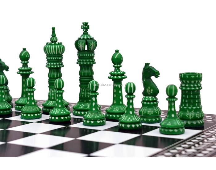 The King cross series Bone crafted chess pieces <br> Natural Bone & Green Stained Bone <br> 4" King