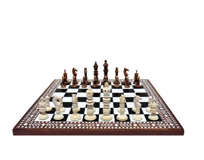 The Majestic Series Chess set <br> Natural Bone & Antiqued bone <br> 4.4" King with Heritage series chess board