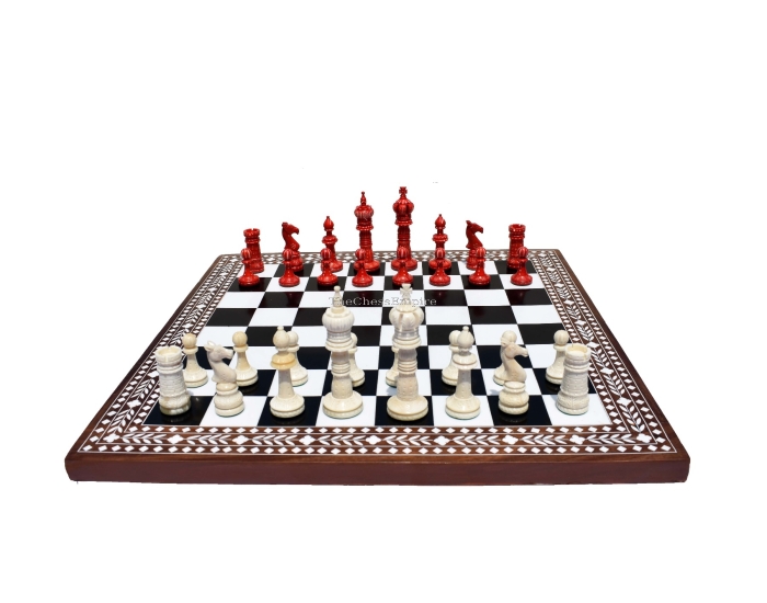 The Kings Cross Series Chess set <br> Natural Bone & Red Stained bone <br> 4" King with Heritage Series chess board