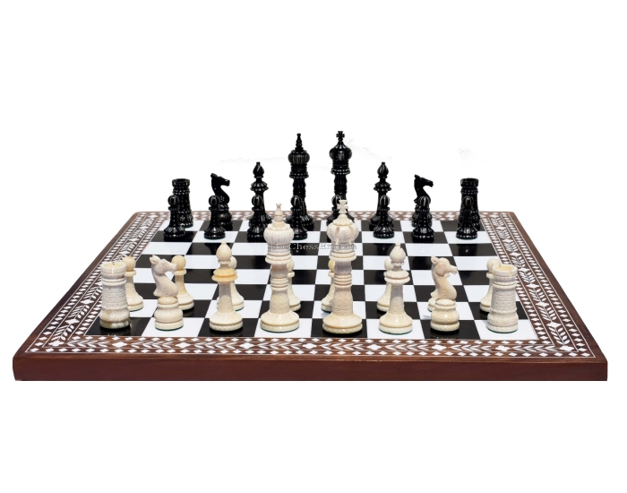 The Kings Cross Series Chess Set <br> Natural Bone & Black Stained bone <br> 4" King with Heritage series chess board