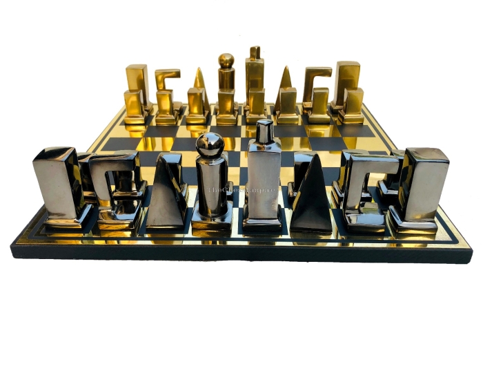 Modern Art Series Chess Set <br> Black & Gold Color Coated <br> 3" King with 14" Aluminum Chess Board