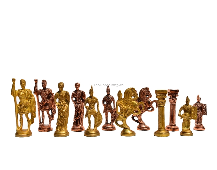 Roman Art Carved Solid Brass Chess Pieces <br> Brass & copper Coated <br> 3.25" Chess Pieces