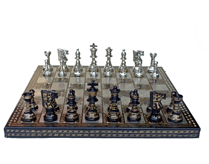 The Marvelous Series Chess Set <br Silver & Black Coated Brass <br> 3" King with 14" Brass Chess Board