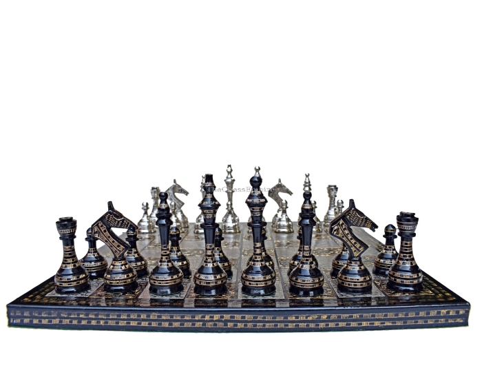 The Castle Carved Chess Set <br> Silver & Black Coated Brass <br> 3.75" King with 14" Brass Chess Board