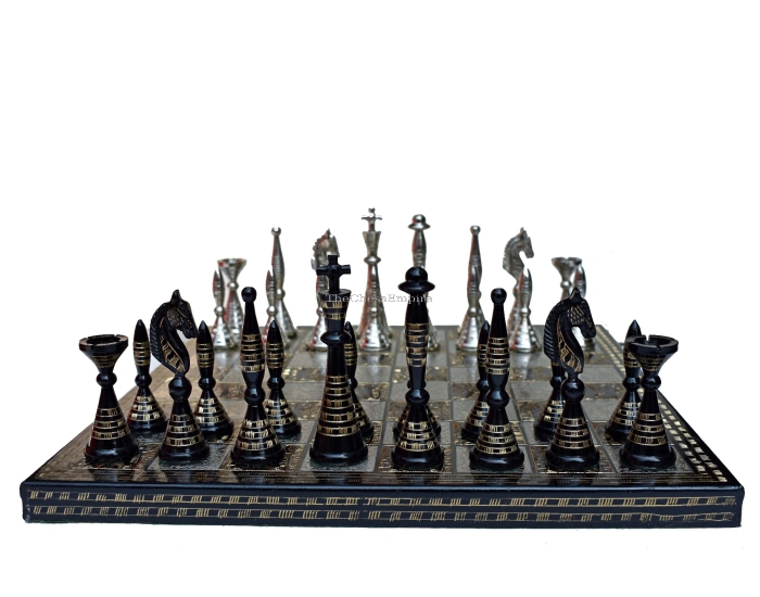The Palm Art Series Chess set <br> Silver & Black Coated Brass <br> 3.5" King with 12" Brass Chess Board